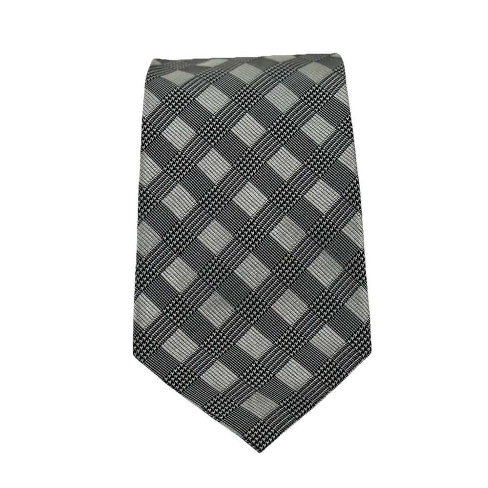 Vintage Zinc Men's 100% Silk Tie Black Gray Plaid Check Necktie - Picture 11 of 11